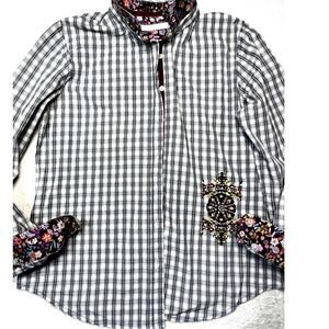 Johnny Was 3J Workshop Embroidered Picnic Check Plaid Shirt Boho Artisan SZ M